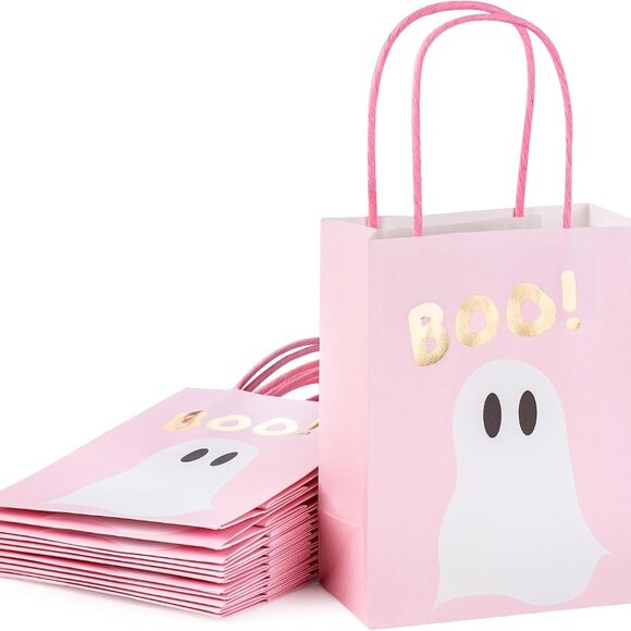 WRAPAHOLIC 12 Pack 7" Small Halloween Kraft Paper Gift Bags - Gold Foil Boo and - Picture 6 of 7